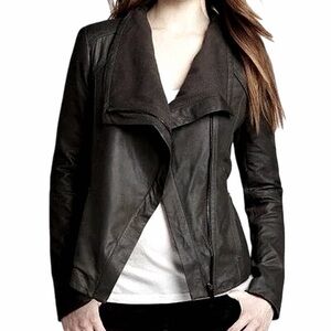 Elie Tahari Lamb Leather and Knit Jacket, Black, Shoulder Stitching, Size Large